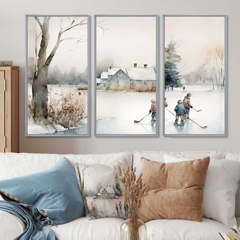 Enfants jouant au hockey en hiver II - ensemble d'art mural moderne sur toile, H 28 po x l 36 po, Cadre flottant noir