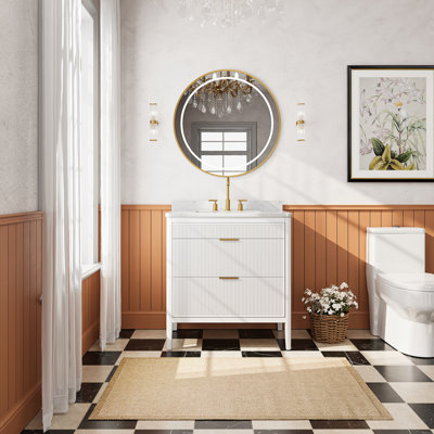 Ensemble de meuble-lavabo autoportant blanc 36 po avec 2 ensembles de poignées et plateau en marbre d'ingénierie entièrement assemblé
