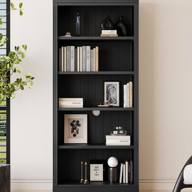 Black 83.4" Tall 5 Bookcase With , Adjustable Shelves For /books/movies, Storage Home Office/music Room Strip, Wood Home/workshop