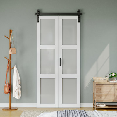 84"H 3-Lite  Manufactured Wood and Glass Paneled Bifold Barn Door with Installation Hardware