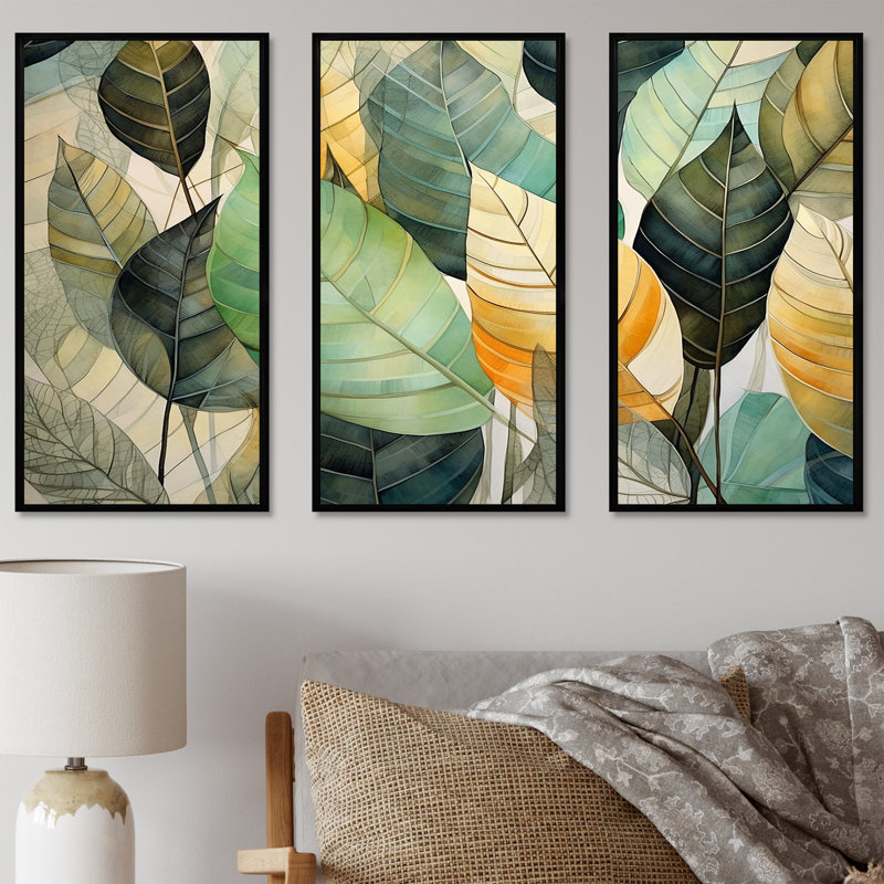 Feuilles vertes et jaunes - ensemble d'art mural sur toile feuilles, Cadre flottant noir, H 40 po x l 60 po x P 1 po