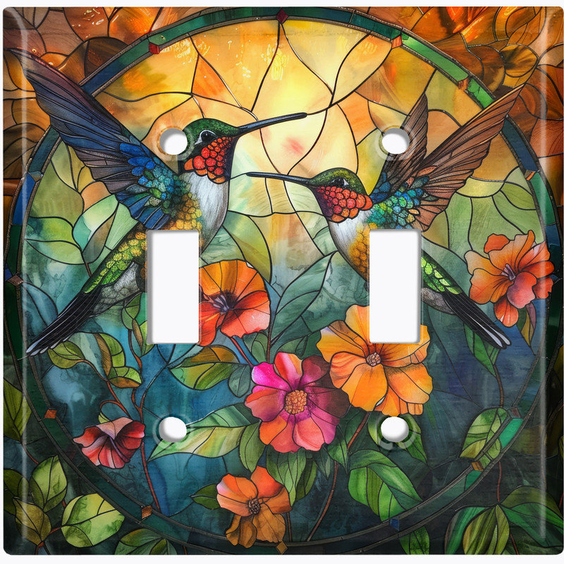 Couvercle de plaque d'interrupteur en métal; Bascule à deux bandes US - colibri avec fleurs en verre coloré US IMPRIMER