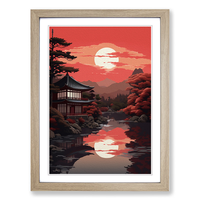 Japanese Sunset Classicism - Single Picture Frame Print on Wood, Oak Framed, 46cm H x 34cm W x 2cm D