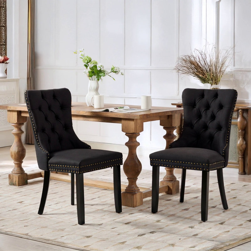 High-End Tufted Solid Wood Contemporary Flax Upholstered Linen Dining Chair With Wood Legs Nailhead Trim 2-Pcs Set, Black