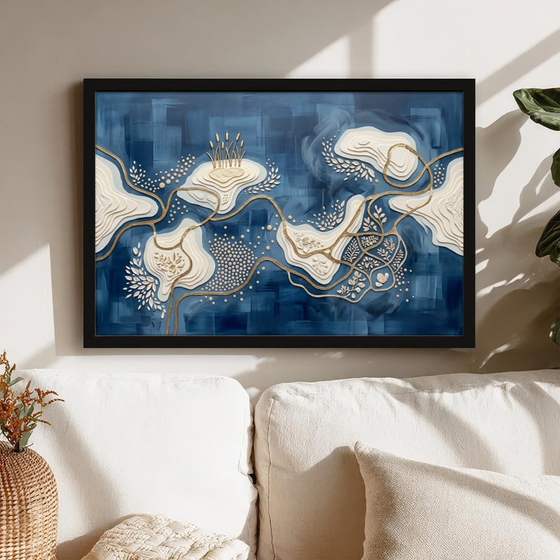 Toile noire encadrée en bois noir pour le salon, la chambre à coucher, le bureau ou le vestibule - décoration murale décorative avec motif floral abstrait