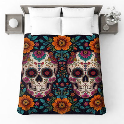 Decorative Sugar Skulls Quilted Bedspread All Sizes