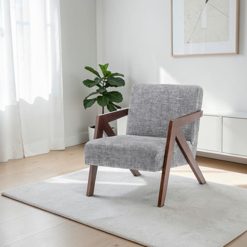 Chaise d'appoint Mid-Century moderne avec structure en bois et fauteuil de lecture rembourré, Light Grey, 1