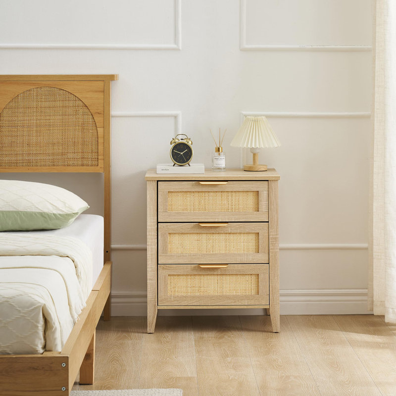 Nightstand, Rattan End Table, Nightstands With 3 Natural Rattan Drawers, Strong Support Wooden Structure, Side Table