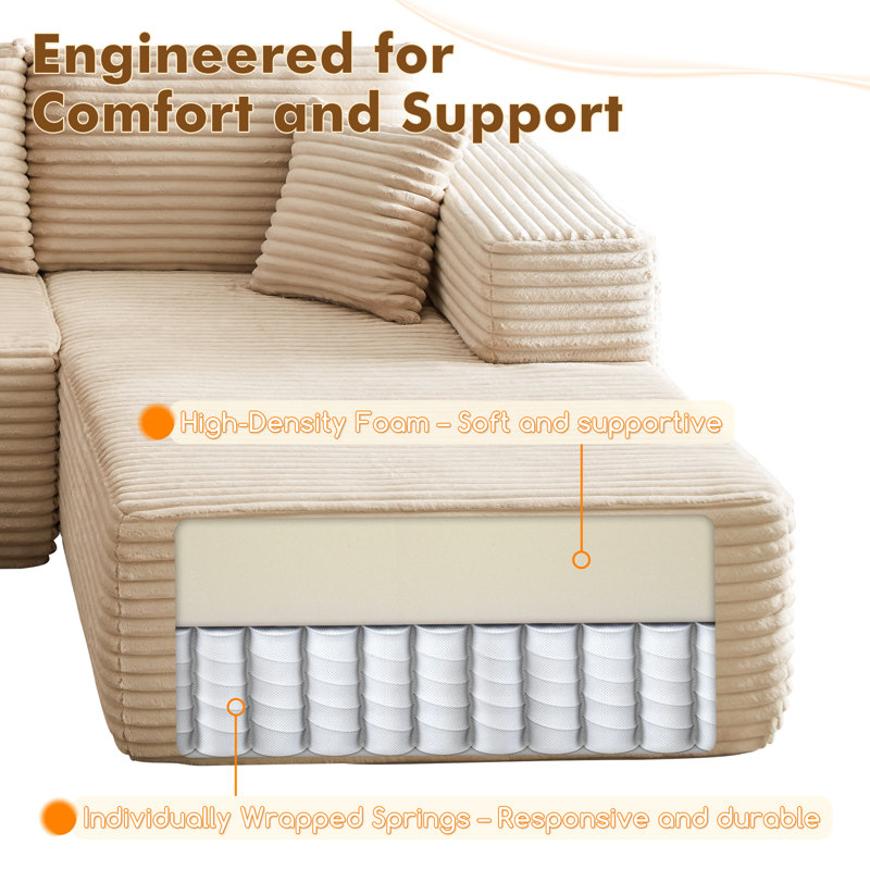 Canapé modulaire rembourré 2 pièces Boneless, Orienté à droite, Velours côtelé beige