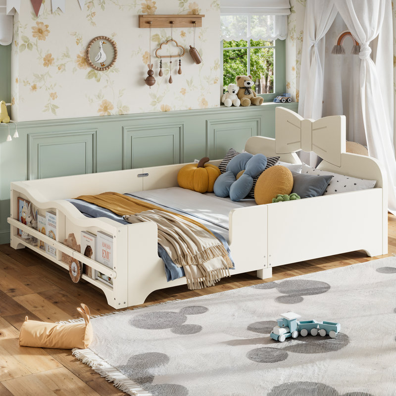 Lit plateforme pour enfant pleine grandeur avec garde-corps, tête de lit et bibliothèque latérale Bowknot, lit bas, pas de sommier, beige