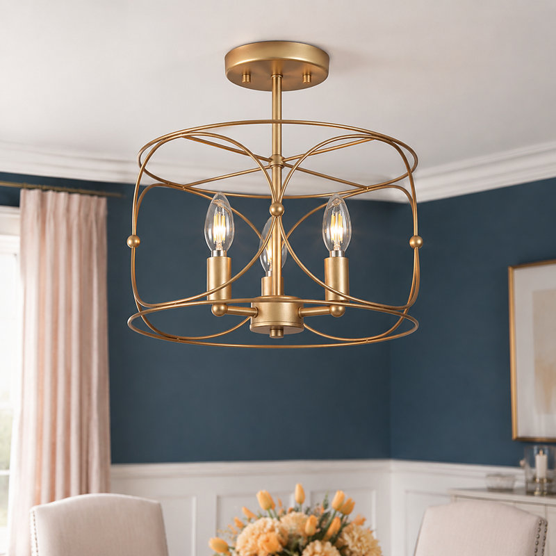 3-Light Drum Cage Frame Semi-Flush Mount Light