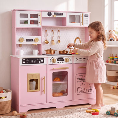Wooden Kids Play Kitchen Set with Lights & Sounds, Pretend Play Kitchen with Accessories for Toddlers Ages 3-8