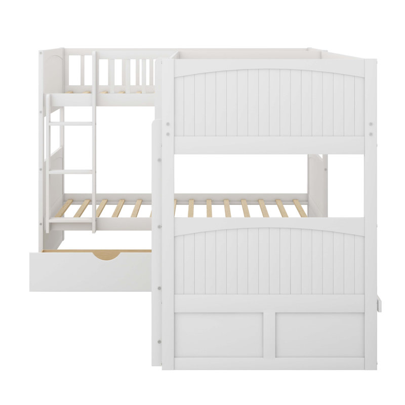 Triple lits superposés peu encombrants, lit simple avec lit mezzanine et tiroirs doubles, Blanc