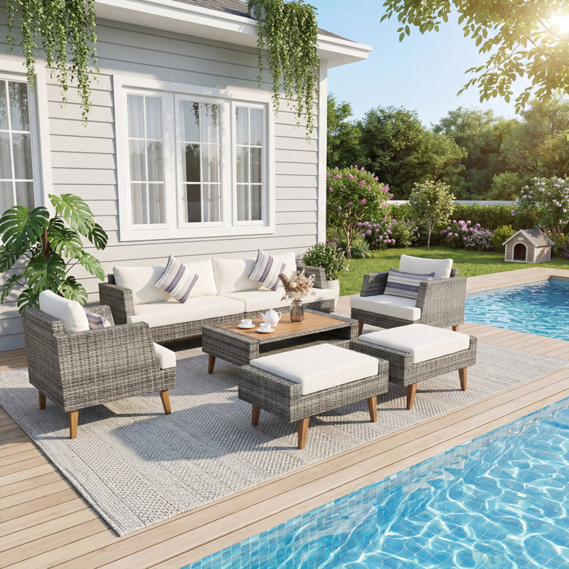 6-Piece All Weather PE Wicker Patio Conversation Furniture Set, Outdoor Patio Sofa with Double Cushions, Solid Wood Legs & Acacia Wood Table Top