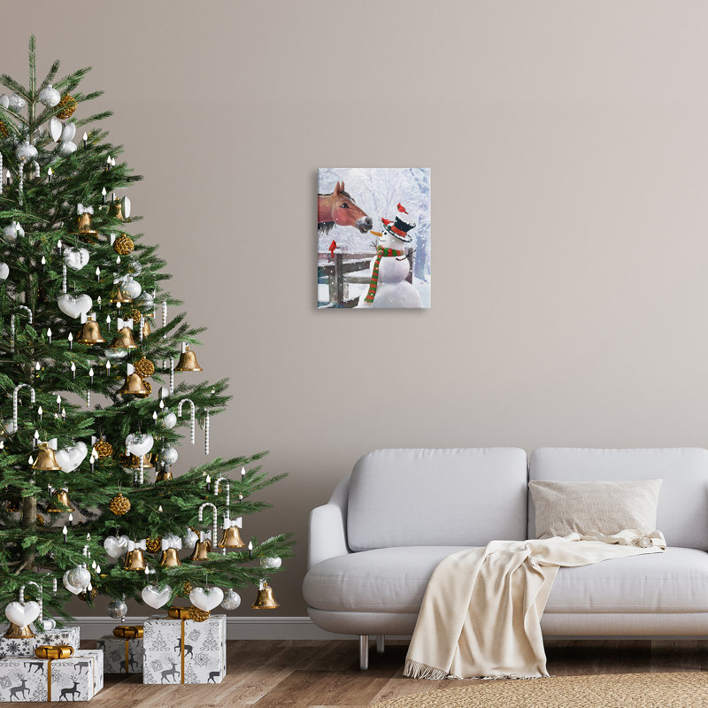 Cheval mangeant un bonhomme de neige, scène de carotte sur toile, H 20 po x l 16 po x P 1,5 po