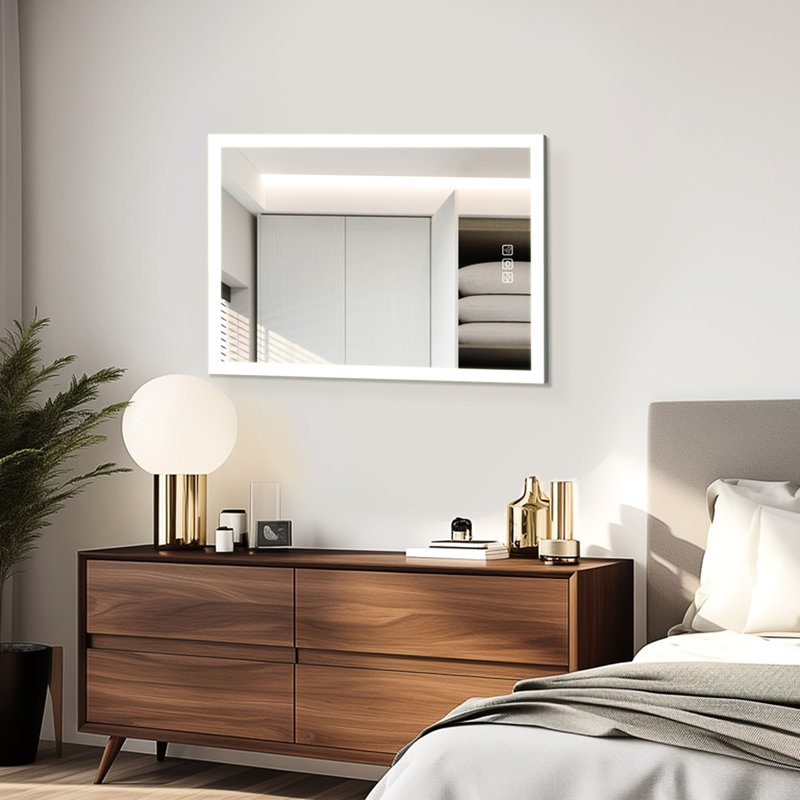 Miroir de salle de bain à DEL 36 po x 28 po, fonction 5 minutes, 3 couleurs à intensité variable, réflexion haute définition tendance, miroir mural de 28 po, réflexion haute et claire