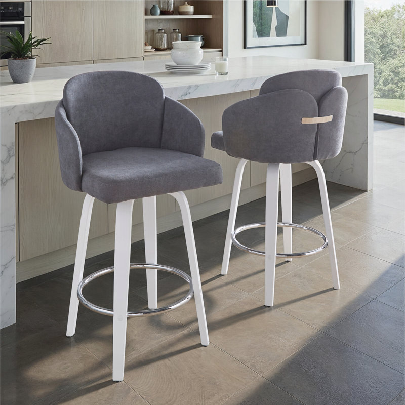Tabouret de bar à hauteur fixe avec pivot en bois blanc et tissu gris avec repose-pieds rond chromé, ensemble de 2