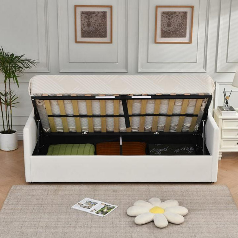 Hydraulic Lift Up Upholstered Storage Cream Daybed, Cream