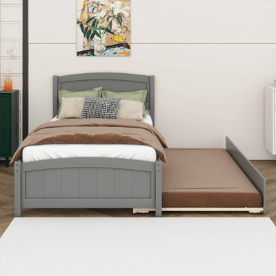 Cadre de lit simple avec lit gigogne, cadre de lit plateforme en bois avec tête de lit, support à lattes de bois, cadre de lit moderne pour la chambre à coucher