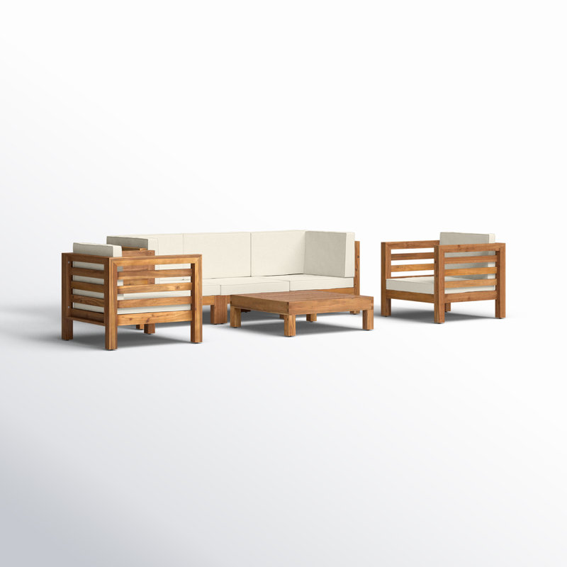 Maher Acacia 5 - Person Modular Patio Conversation Sets with Cushions, Teak Frame / Beige Cushion