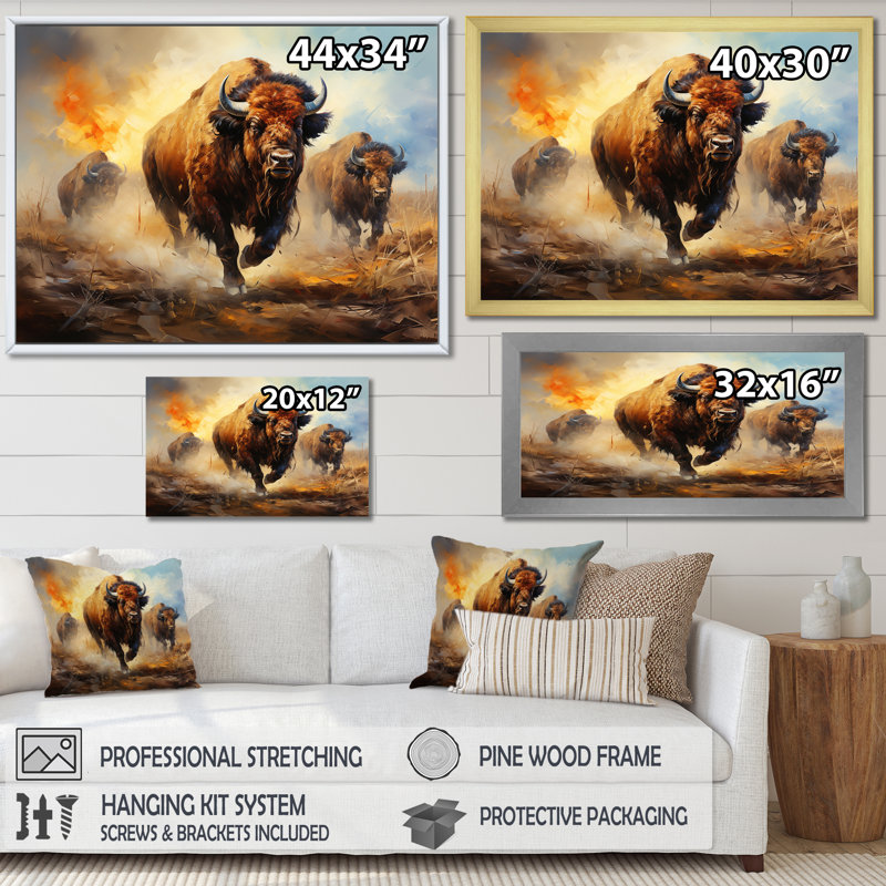 Native Buffalo, impressionnant sur toile, Cadre doré simple, H 12 po x l 20 po x P 1 po