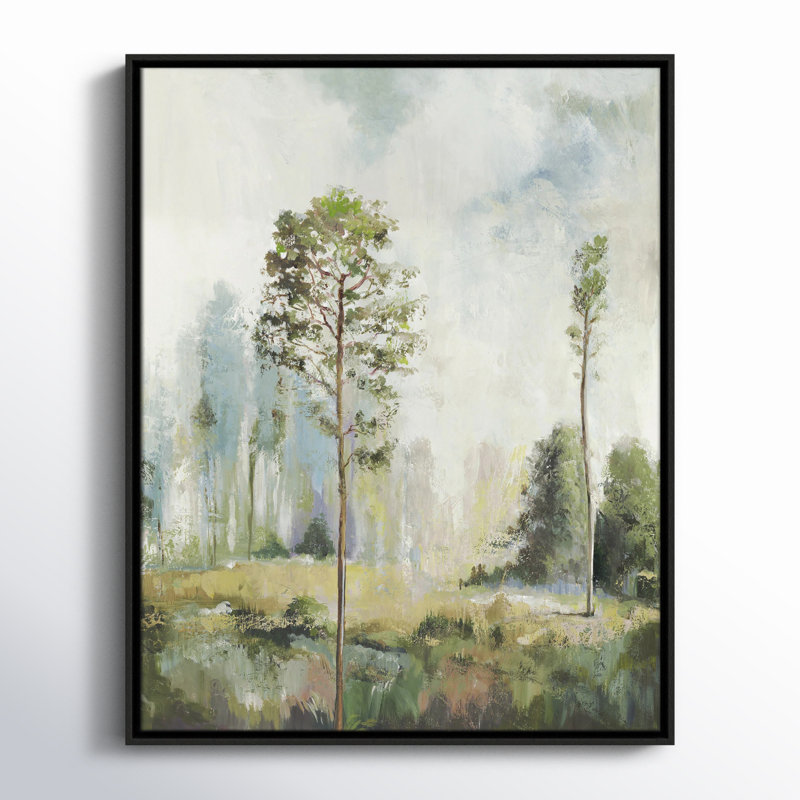 Teton Tall Green Trees I by Teton Pearce - Floater Frame Print on Canvas, 29.5" H x 23.5" W, Silver