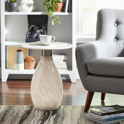 Table d'appoint avec plateau en marbre et base en verre artistique - Table de bout étroite pour la chambre à coucher ou le vestibule - Meuble décoratif rond contemporain - Blanc