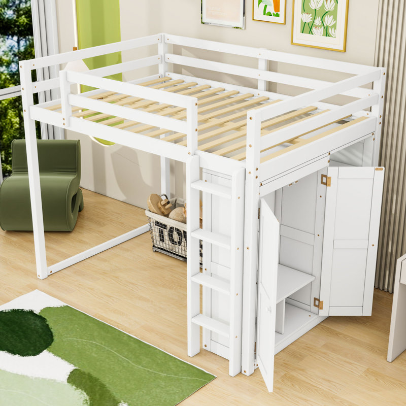 Full Wood Loft Bed With Built-In Ladder, Storage Shelves, Wardrobe And LED Light, White