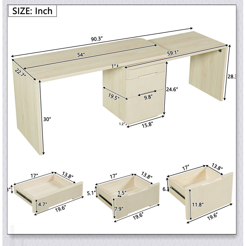 Bureau rotatif en L de 90 pouces avec 3 tiroirs, finition en bois naturel, idéal pour la maison et le bureau, peu encombrant et durable