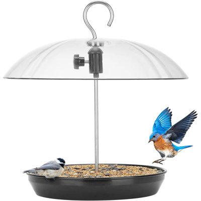 Adjustable Platform Bird Feeder for Outdoors, Hanging Metal Seed Tray with Clear Rain Proof Dome