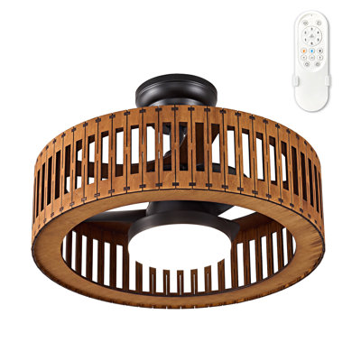 Ventilateur de plafond à cage en bois brun à lattes verticales 19,68 pouces avec télécommande