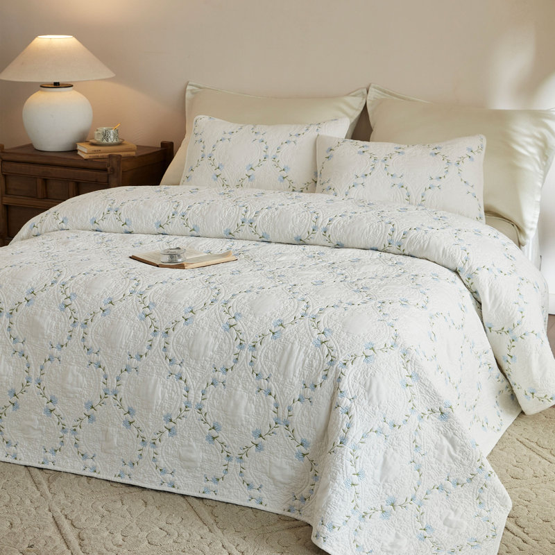 Ensemble de courtepointe 3 pièces, King Quilt + 2 Pillow Shams, Beige/Blue