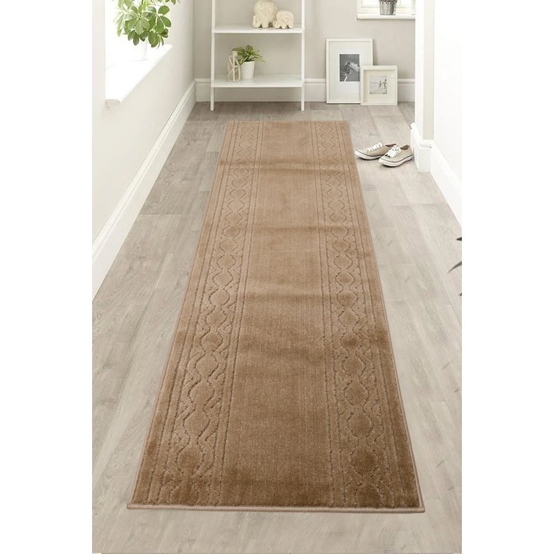 Soft Washable Anti Slip Antibacterial Chain Bordered Solid Beige Design Custom Size Runner Rug for Hallway Stairway Kitchen Entryway