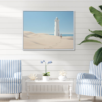 Pfeifer " Beach Serenity White Lighthouse Light Blue Sky "