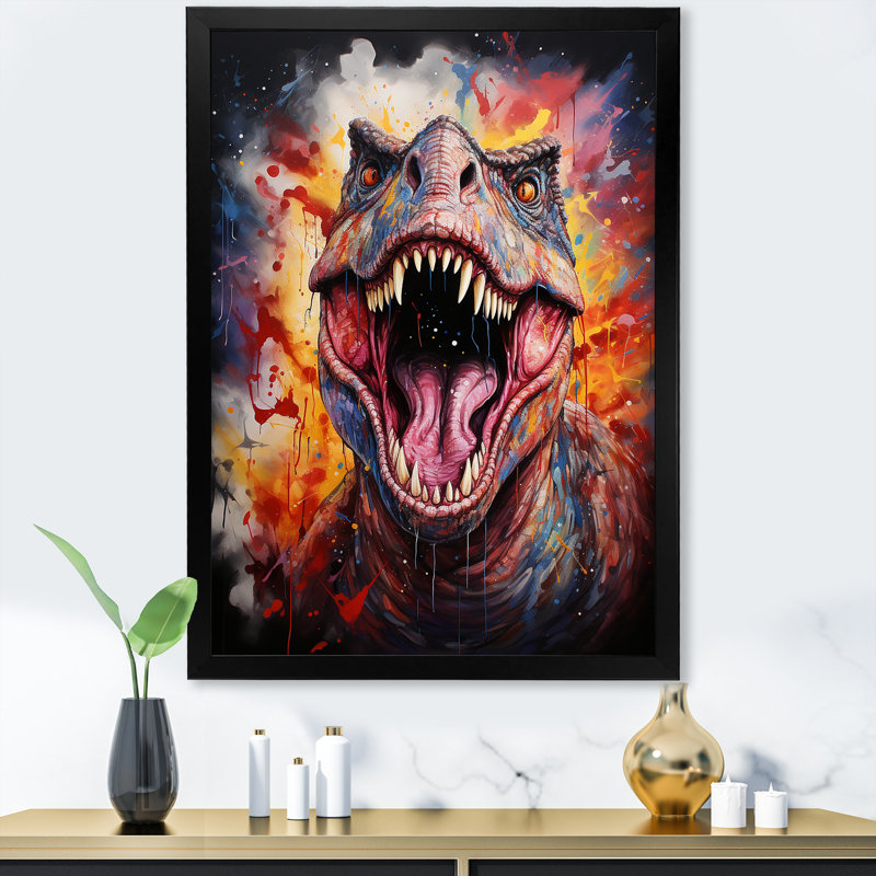 Popart Trex Dinosaur I - Art mural dinosaure, Cadre simple noir, H 32 po x l 24 po x P 1 po