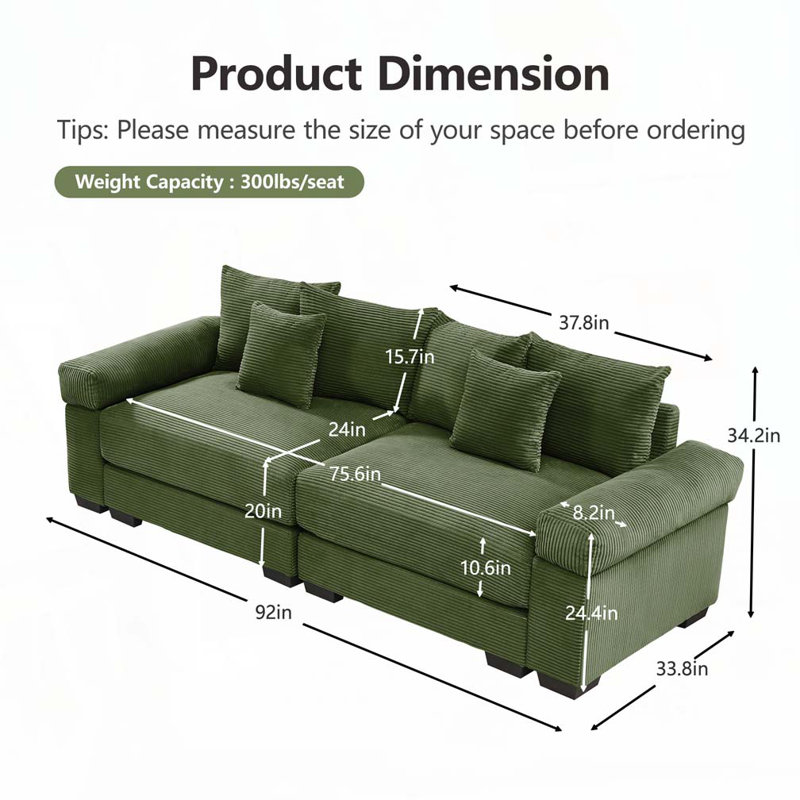 Oversized Cloud Modular Sectional Couch, Green, 34.2" H x 82.6" W x 33.8" D, 2