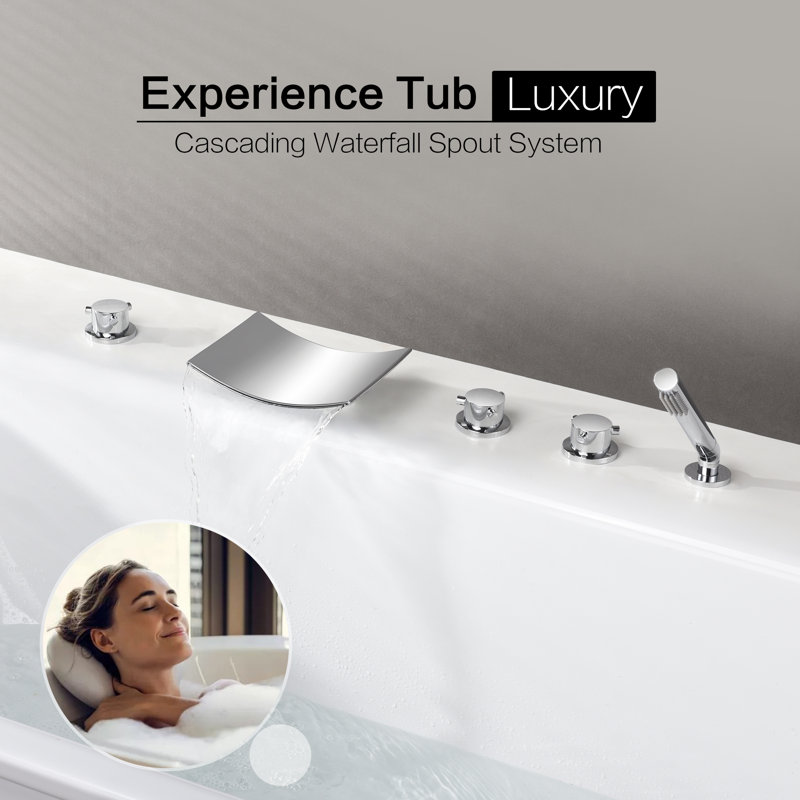 SUMERAIN Chrome Waterfall Deck Mount Bathtub Faucet with Hand Shower, 5-Hole Roman Tub Filler, 7.81GPM High Flow