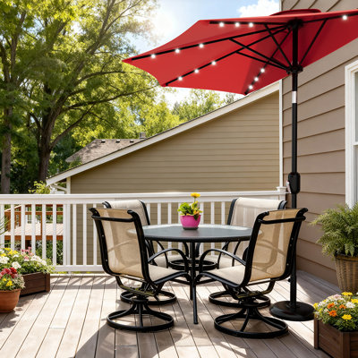 Demi-parasol de patio 9 pi avec lumières - auvent d'ombrage extérieur, manivelle lisse, protection UV - pour patio, cour, terrasse, balcon, table, piscine - rouge
