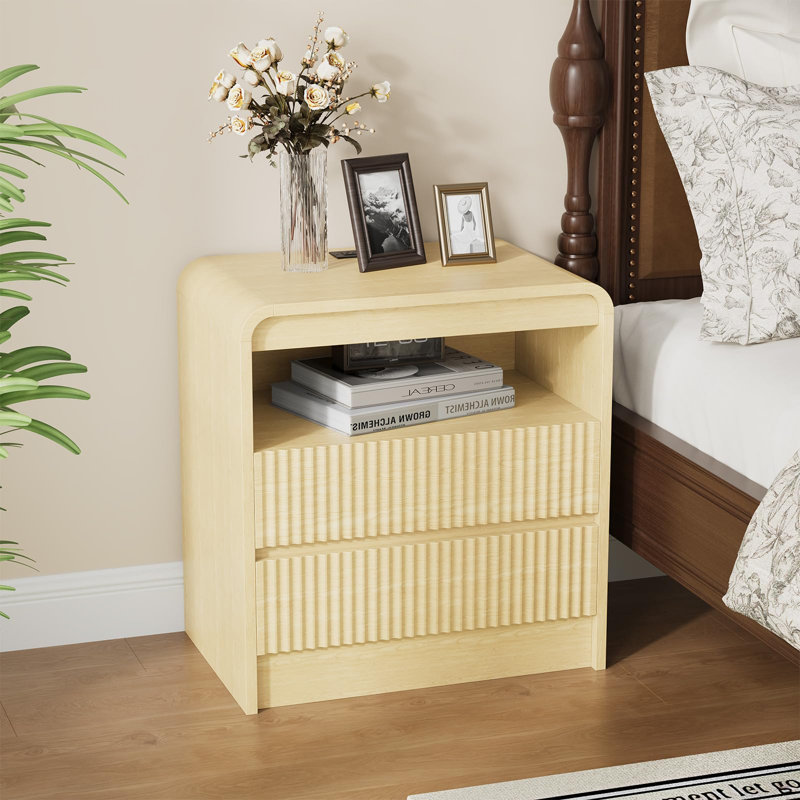 Ensemble de 2 tables de chevet cannelées avec station de recharge, tables de chevet à 2 tiroirs avec tablette ouverte pour chambre à coucher