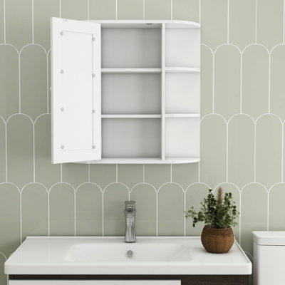 Armoire de salle de bain à miroir blanc - 6 tablettes ouvertes, 3 tablettes réglables à faible encombrement