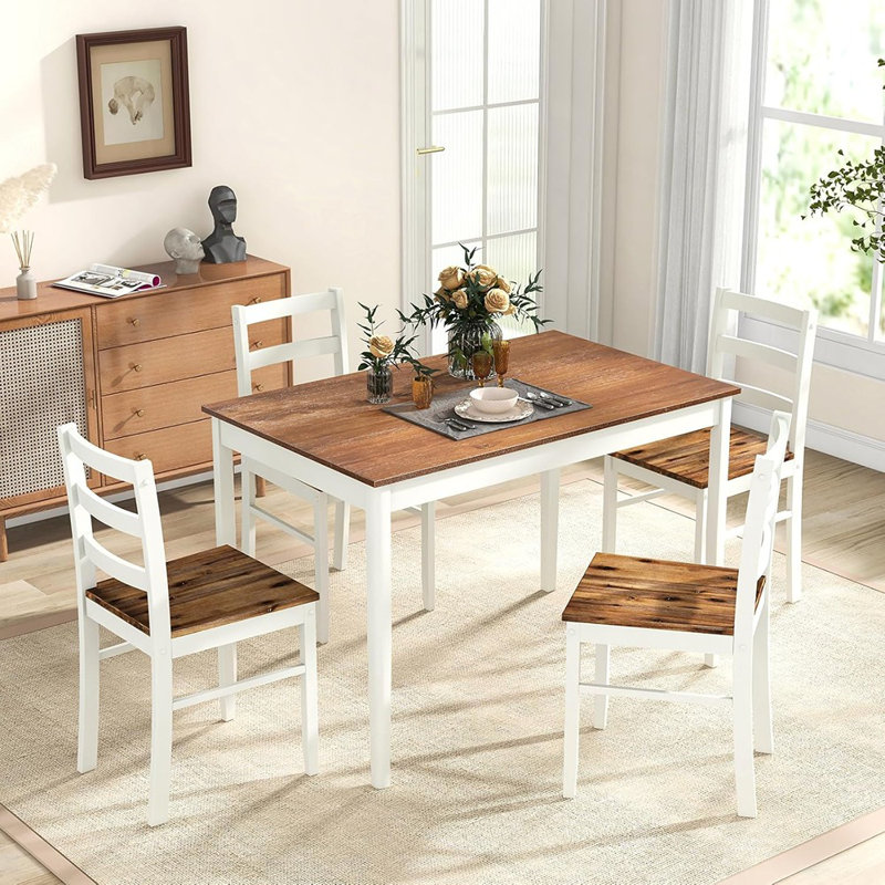 Ensemble de table de salle à manger pour 4 personnes, en bois massif, ensemble de coin-repas de ferme avec pieds en bois d'hévéa, ensemble de table et chaises de style moderne Mid-Century pour la cuisine et la salle à manger (brun et blanc)