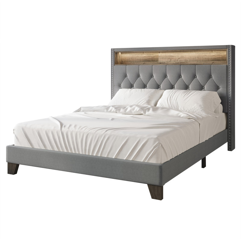 Fording Upholstered Bookcase Storage Bed, Light Gray, Queen