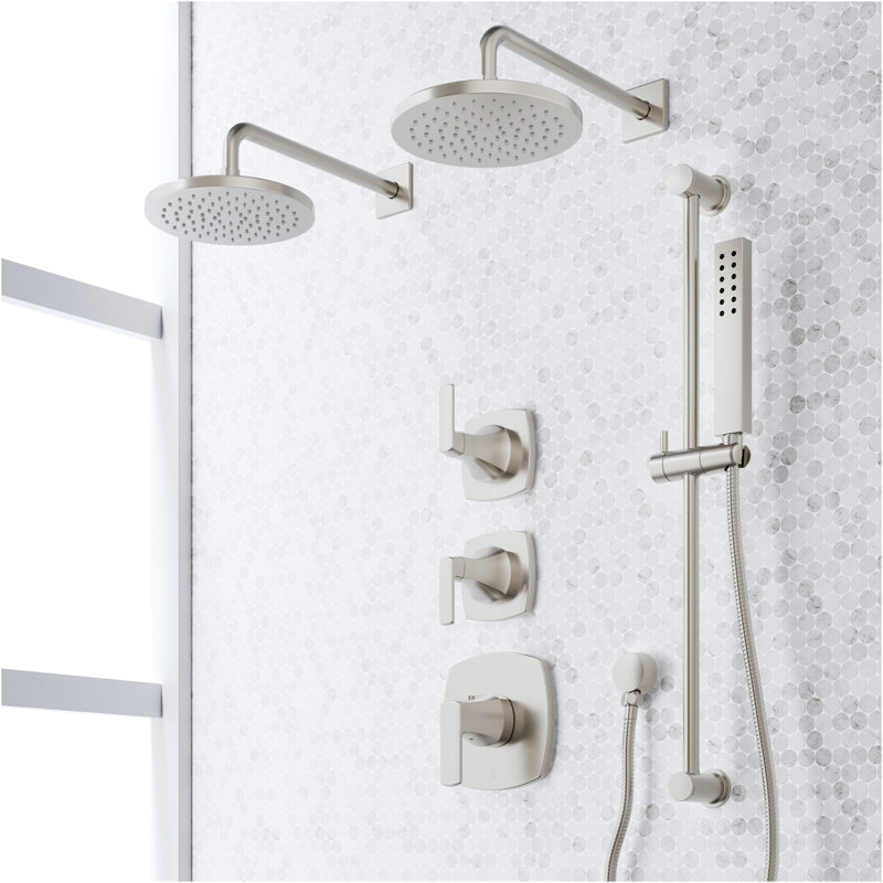 Sefina Thermostatic Shower System with Dual Showerheads, Slide Bar & Hand Shower - Brushed Nickel, Brushed Nickel