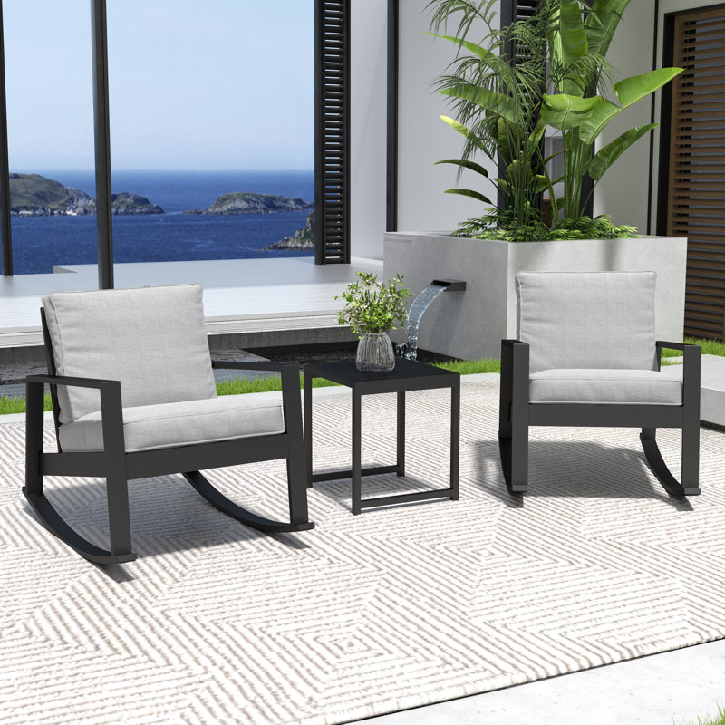 Ensemble de chaises berçantes d'extérieur 3 pièces avec table d'appoint, Gris clair