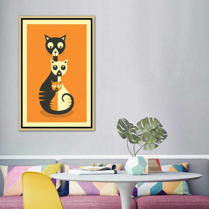 Décoration murale chats assis, H 60 po x l 40po x P 1,5 po, Toile encadrée d'or
