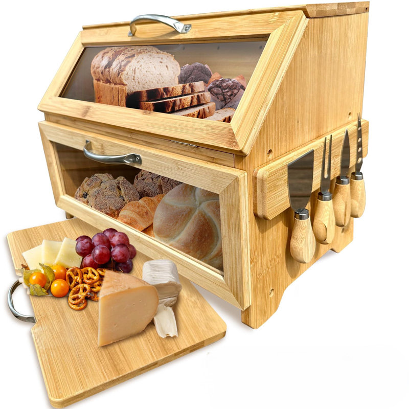 Breadbox With Cutting Board And Knife Set | 7 Piece Combo Set | Bread Boxes For Kitchen Counter | Bread Storage Container |Bamboo Bread Box Plain