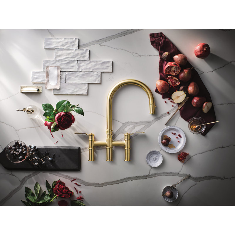 Armstrong Pull-Down Bridge Kitchen Faucet With C-Spout, Satin English Gold