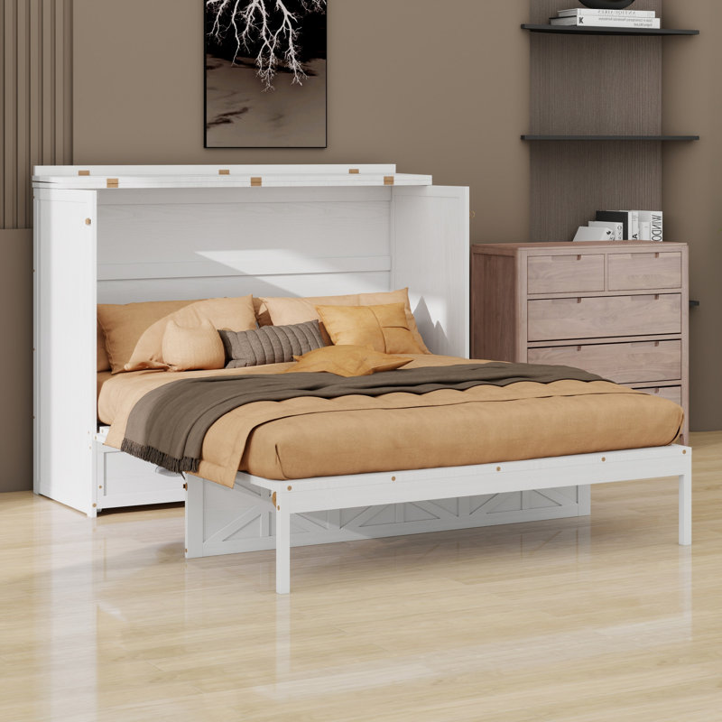 Lit escamotable avec grands tiroirs Murphy, Blanc brossé, Grand lit