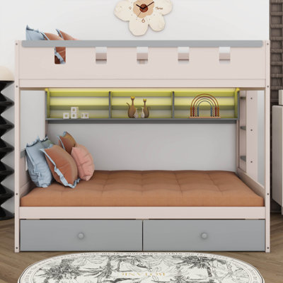 Castle Style Bunk Bed With 2 Storage Drawers, Wood Bunk Bed Frame With Open Shelf And LED