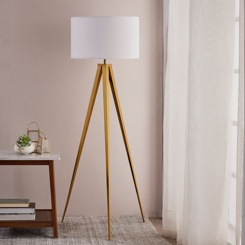Cardone 60" Tripod Floor Lamp with Drum Shade and Foot Switch – Gold Legs/White Shade, White